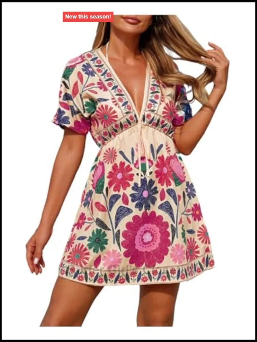 Floral Tropical Swimsuit Cover Up Deep V Neck Short Sleeve Boho Beach Sun Dress